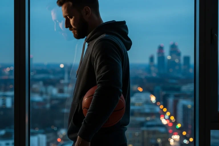 Silhouette of a UK basketball fan in a hoodie at a London flat window holding a basketball at dusk, with his face faintly reflected in the glass, conveying the privacy and KYC reality of anonymous NBA betting in the UK
