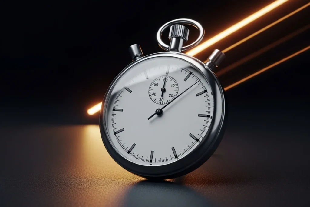Bitcoin withdrawal speed at sportsbooks — analogue stopwatch on a dark surface with a soft amber glow and faint streaks of motion light, conveying minutes-to-payout for crypto basketball winnings