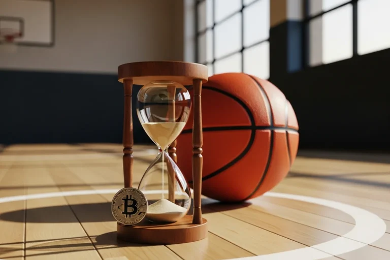 Glass hourglass with golden sand flowing on the polished wood floor of a basketball court beside a basketball and a Bitcoin token, symbolising Bitcoin withdrawal speed at sportsbooks for UK punters