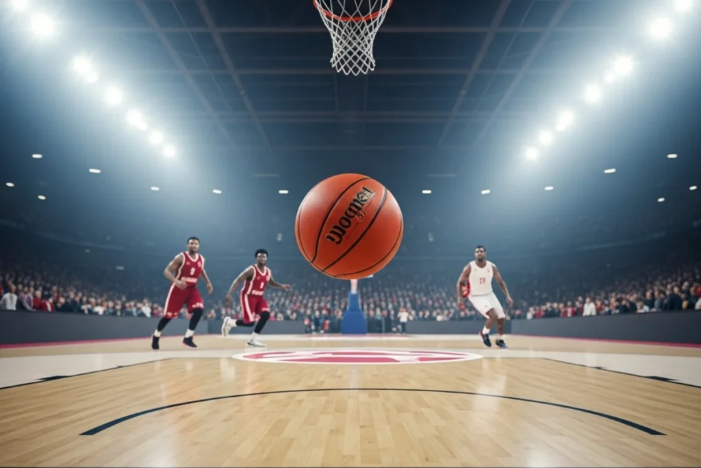 EuroLeague basketball game in a European indoor arena with the ball arcing toward the hoop under dramatic stadium lighting, illustrating EuroLeague crypto betting in the 2025-26 season