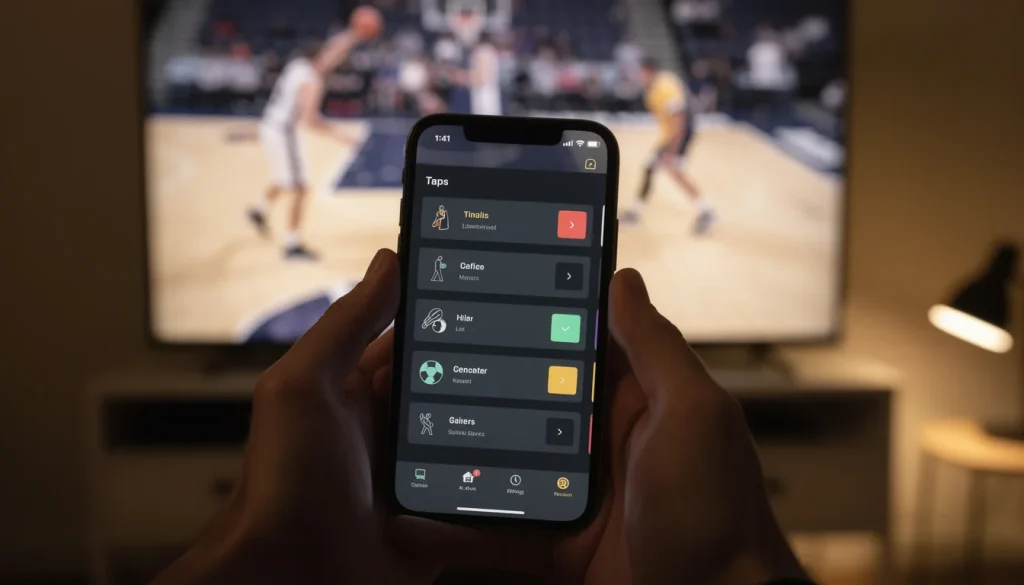 How to bet on basketball with Bitcoin — close-up of hands holding a smartphone with an unbranded sportsbook interface, basketball game softly out of focus on a screen behind