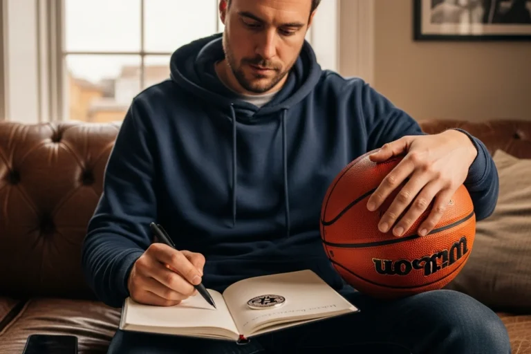 UK punter on a sofa with a basketball, an open handwritten notebook and a Bitcoin token, preparing to bet on basketball with Bitcoin from the UK step by step