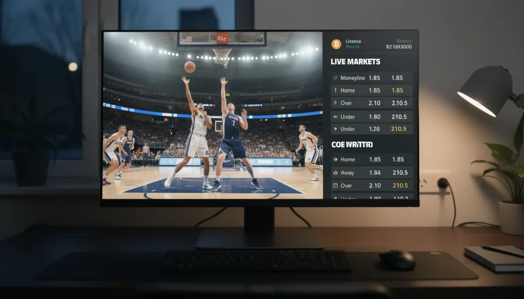 Live NBA betting in-play markets with Bitcoin on UK punter screen