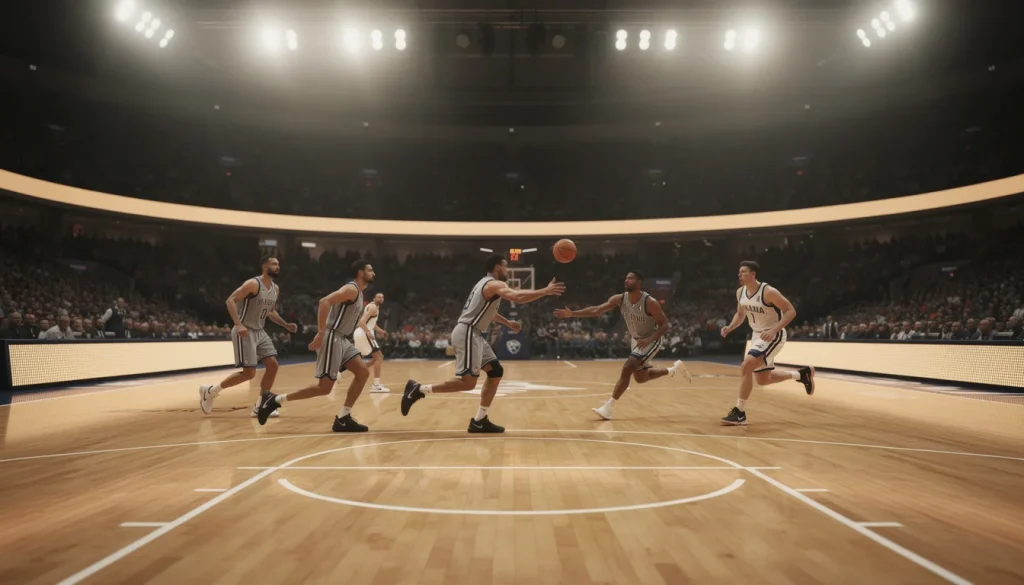 NBA, EuroLeague and Super League Basketball coverage for UK punters — wide interior of a packed modern basketball arena with players mid-fast-break on a polished hardwood court under bright stadium lighting