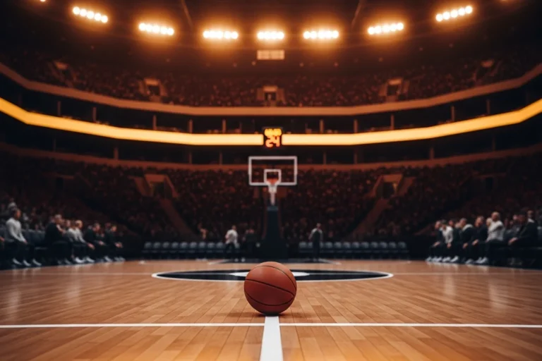 UK basketball betting with bitcoin — NBA-style indoor arena bathed in amber court lighting, framing the intersection of British punters and cryptocurrency payment rails