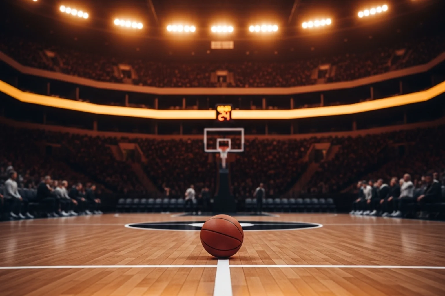 UK basketball betting with bitcoin — NBA-style indoor arena bathed in amber court lighting, framing the intersection of British punters and cryptocurrency payment rails