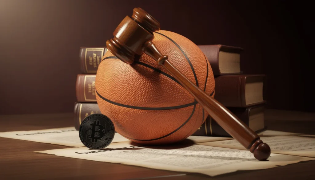 Wooden judge's gavel resting on a basketball next to UK legal documents and a Bitcoin token, depicting the 2026 UK crypto gambling legal landscape under UKGC and FCA frameworks