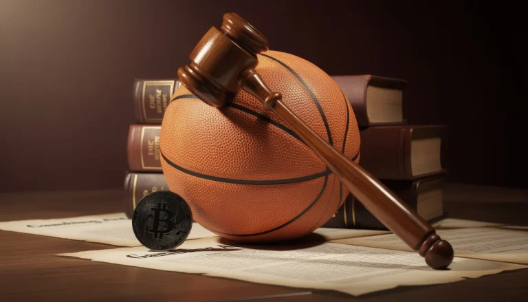 Wooden judge's gavel resting on a basketball next to UK legal documents and a Bitcoin token, depicting the 2026 UK crypto gambling legal landscape under UKGC and FCA frameworks