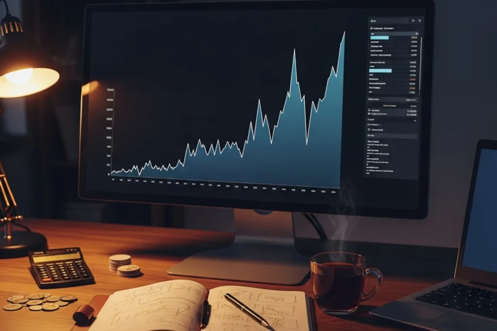 UK sports betting market overview — analyst workspace showing abstract dashboards and a clean line chart representing the £2.48 billion GGY annual basketball and crypto wagering pool