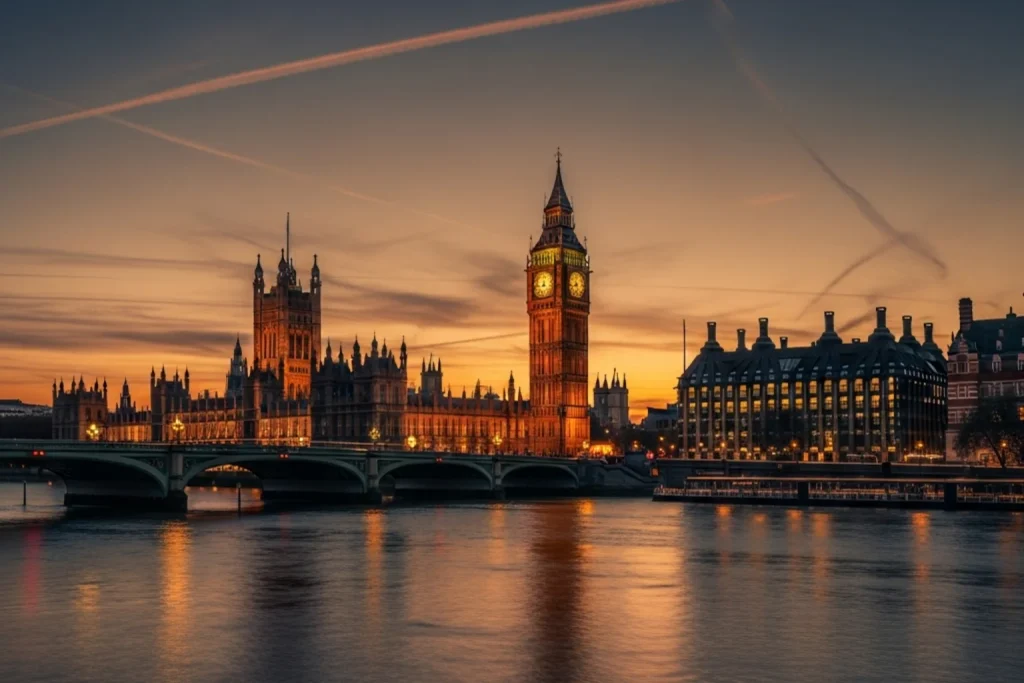 UKGC and FCA crypto gambling regulation in the UK — Westminster Palace and the River Thames at dusk under a warm amber sky, framing the British regulatory landscape